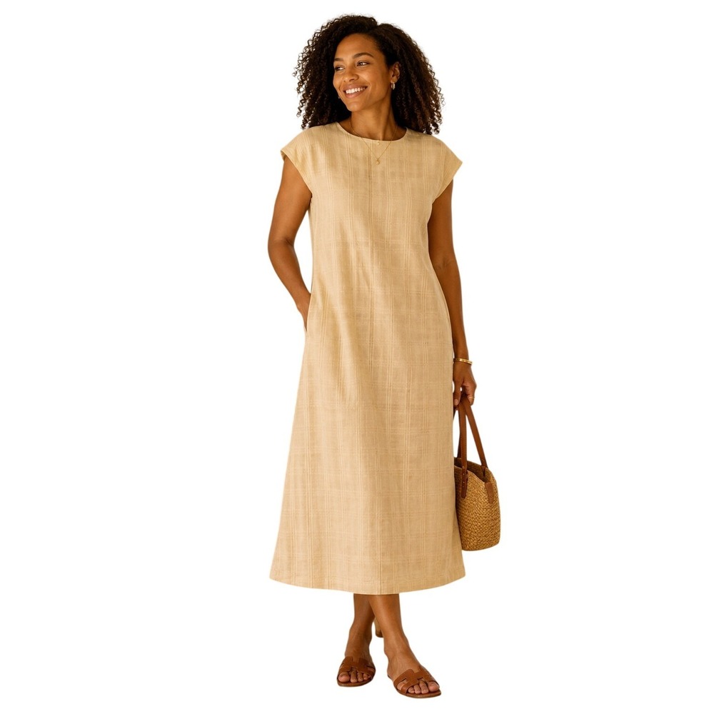 Callahan Cream Textured Plaid Cotton Midi Dress Women's M Minimalist